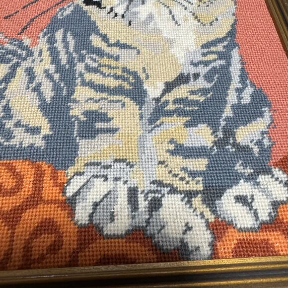 Gray Tabby Cat Framed Needlepoint Peach Background Framed 10x12 Cat Lady Gift - Picture 3 of 11